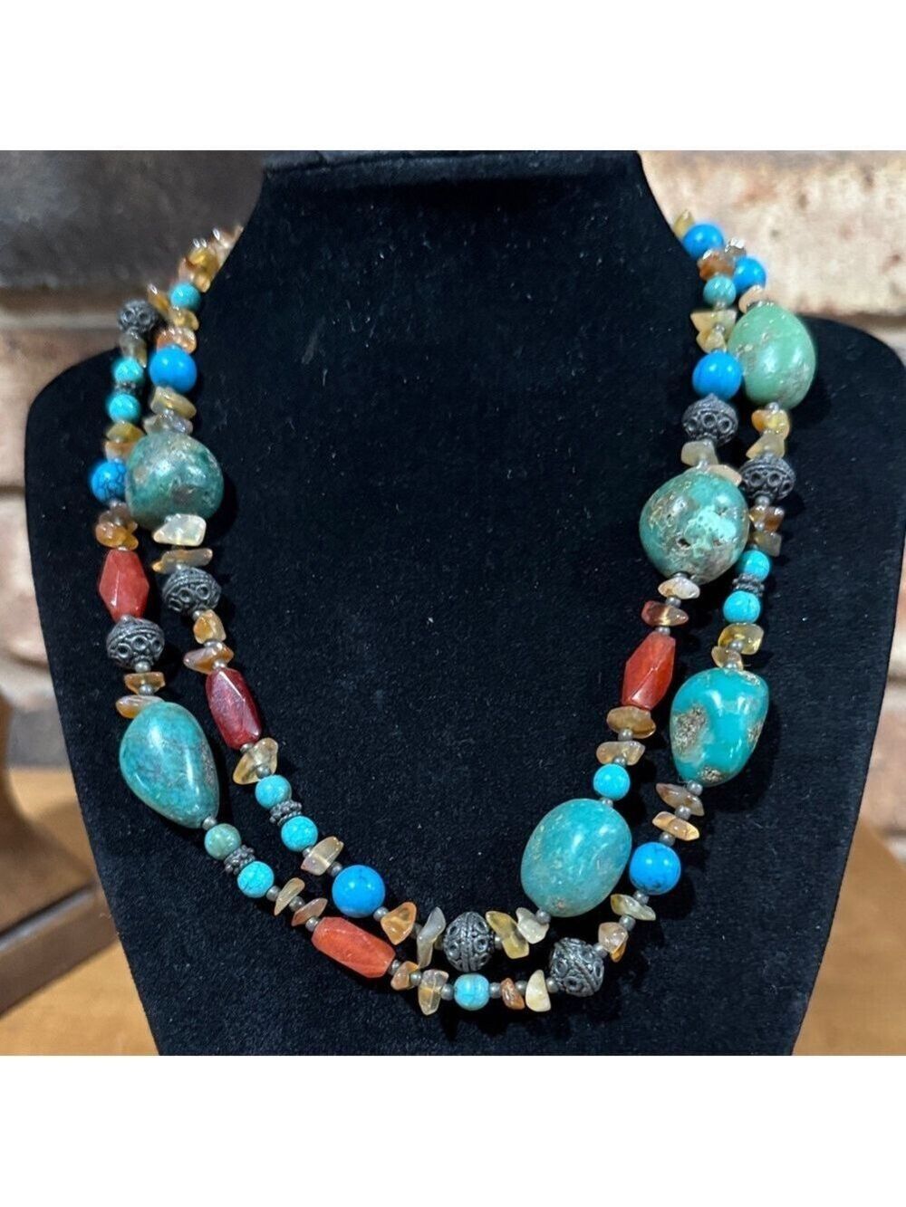 Vintage genuine polished turquoise and natural stone double strand necklace